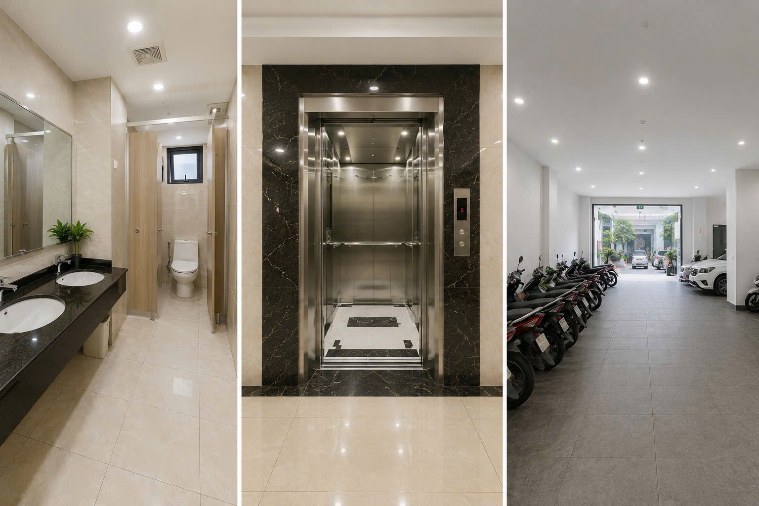 Thang máy, nhà vệ sinh và bãi gửi xe toà nhà
